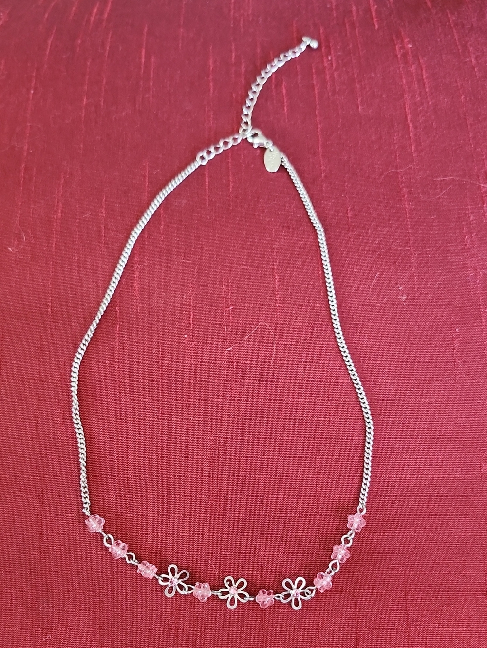 Lia Sophia Silver Tone Necklace With Pink Glass Beads, Flowers, Pink Crystals